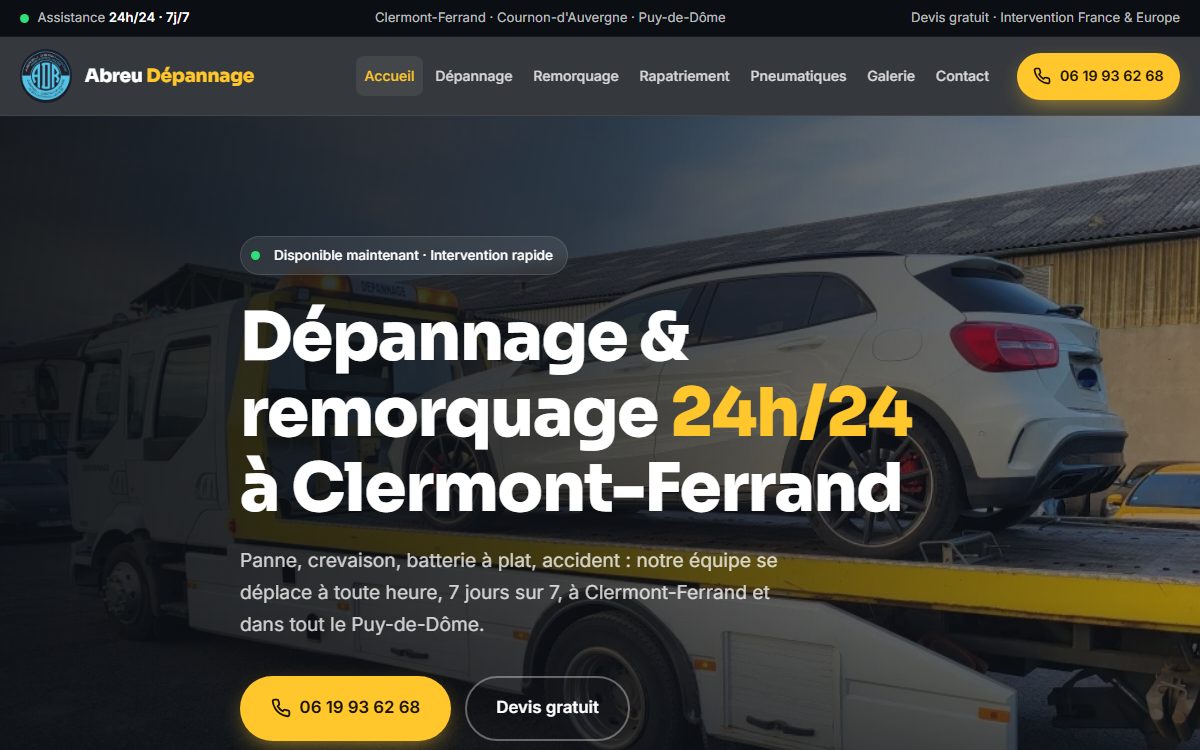 Aperçu du site Abreu Dépannage, réalisé par 2Cafés