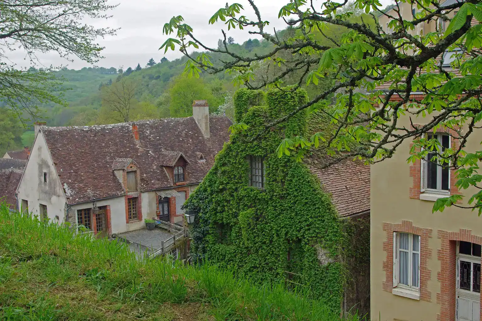 Toits de tuiles d’un village dans la verdure