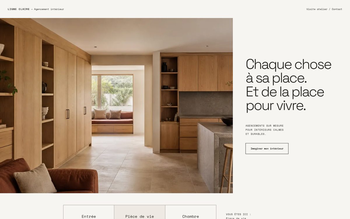 Aperçu d’un exemple de site : sobre, pour les cuisines, dressings et rangements intégrés