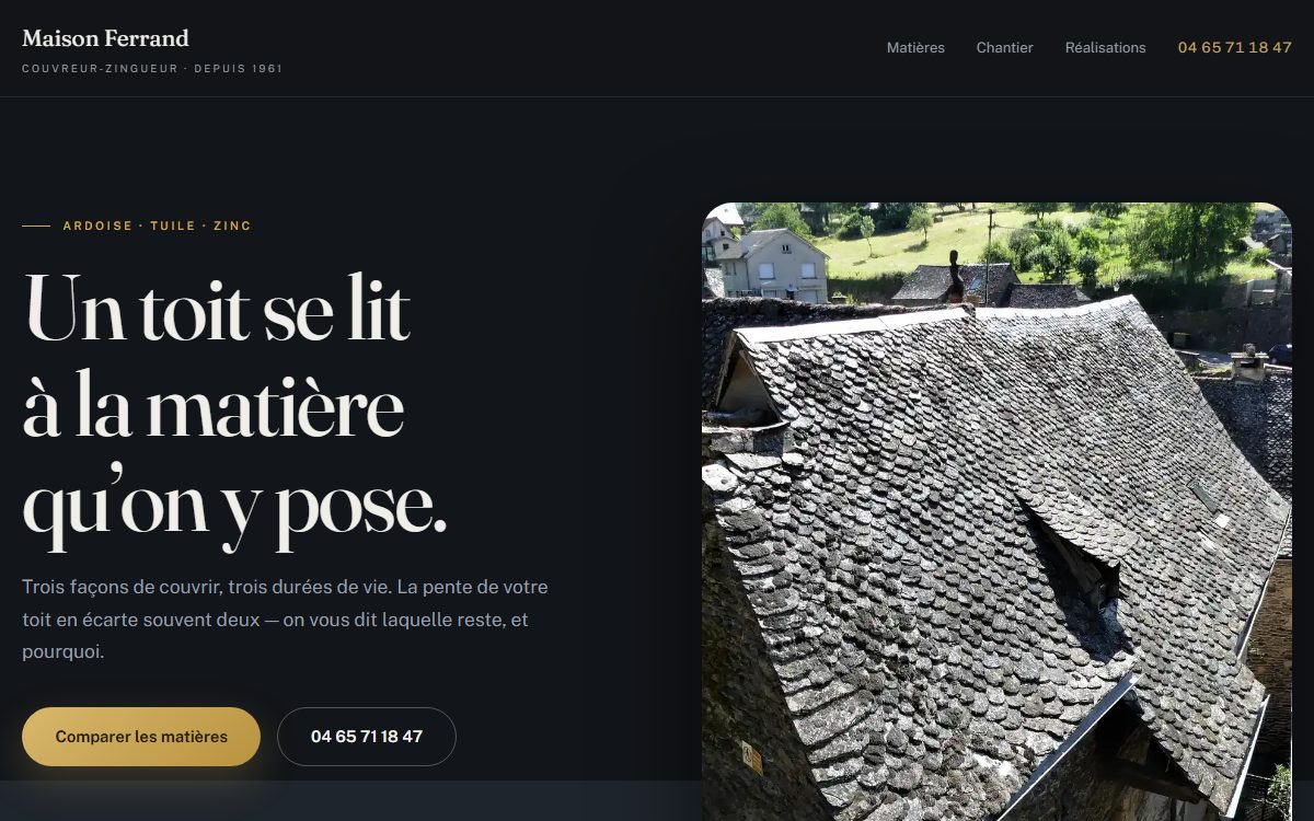Aperçu d’un exemple de site : sombre et feutré, la matière en grand