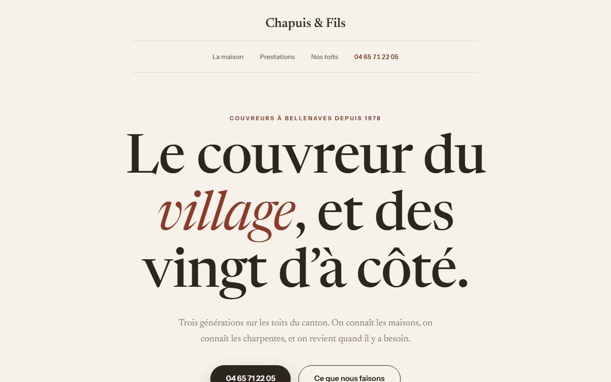 Aperçu d’un exemple de site : éditorial et chaleureux, trois générations racontées sobrement