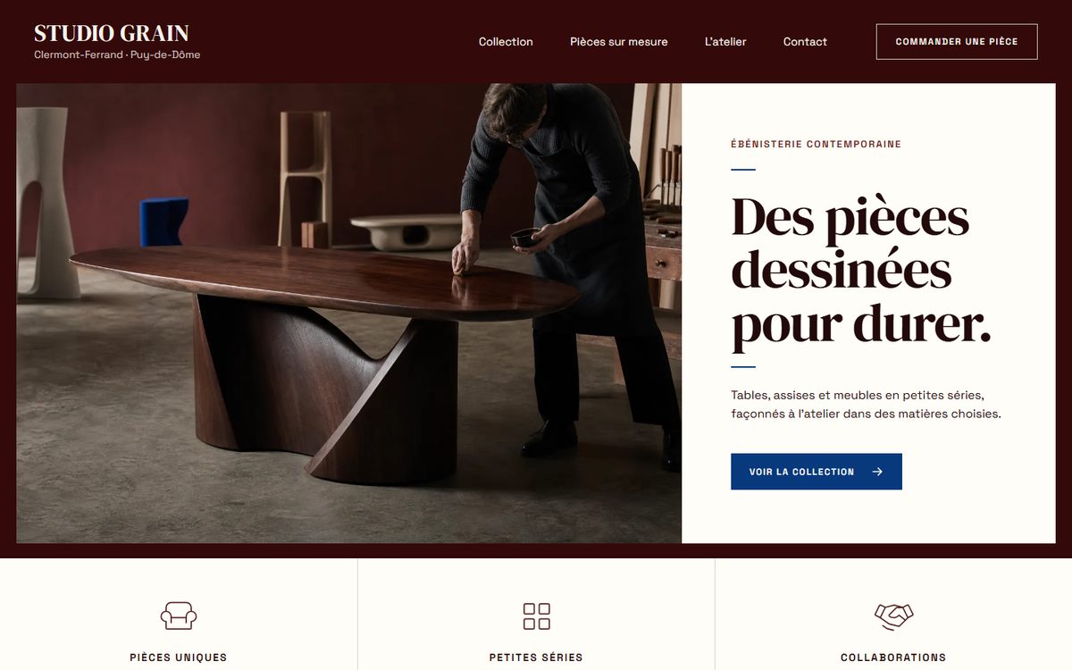 Aperçu d’un exemple de site : galerie, pour des pièces uniques et des petites séries
