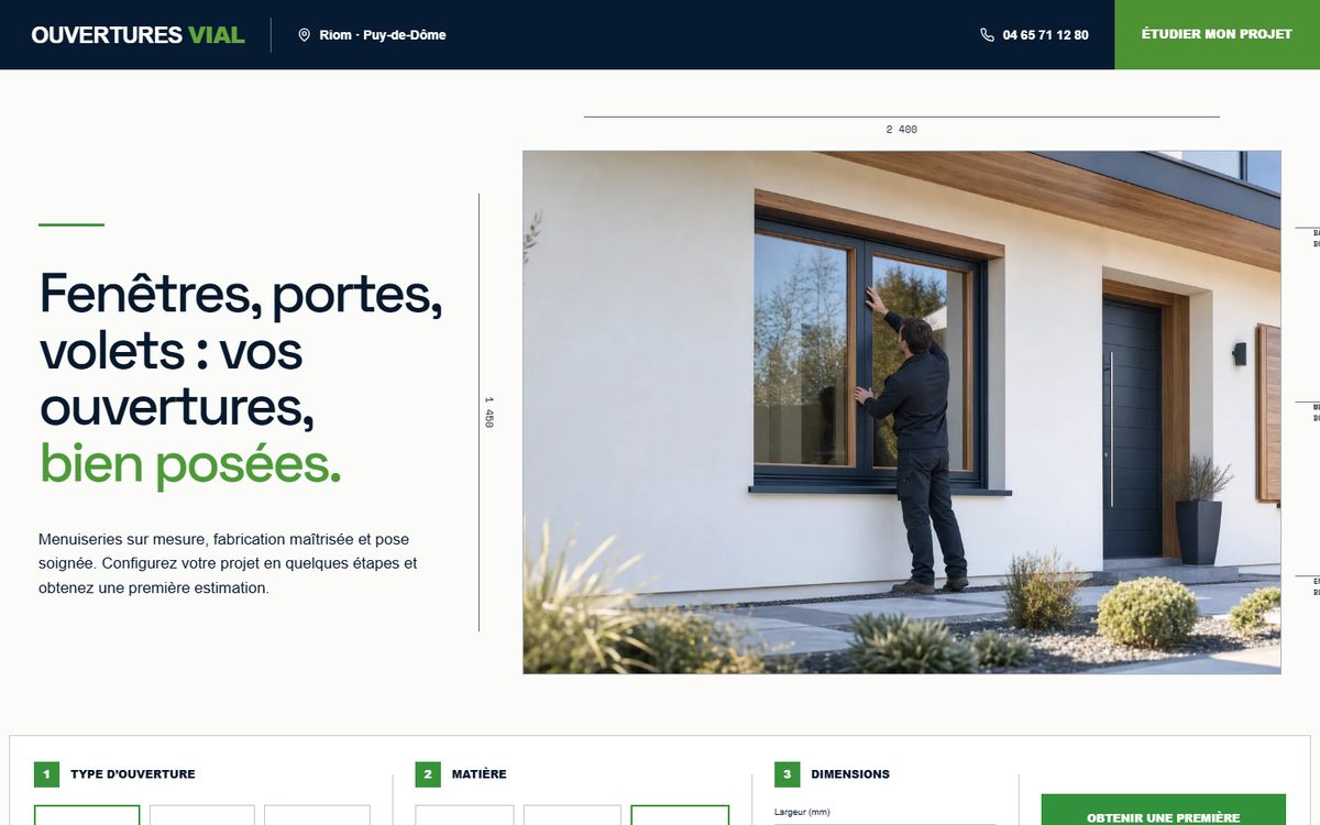 Aperçu d’un exemple de site : net et technique, avec un configurateur de projet