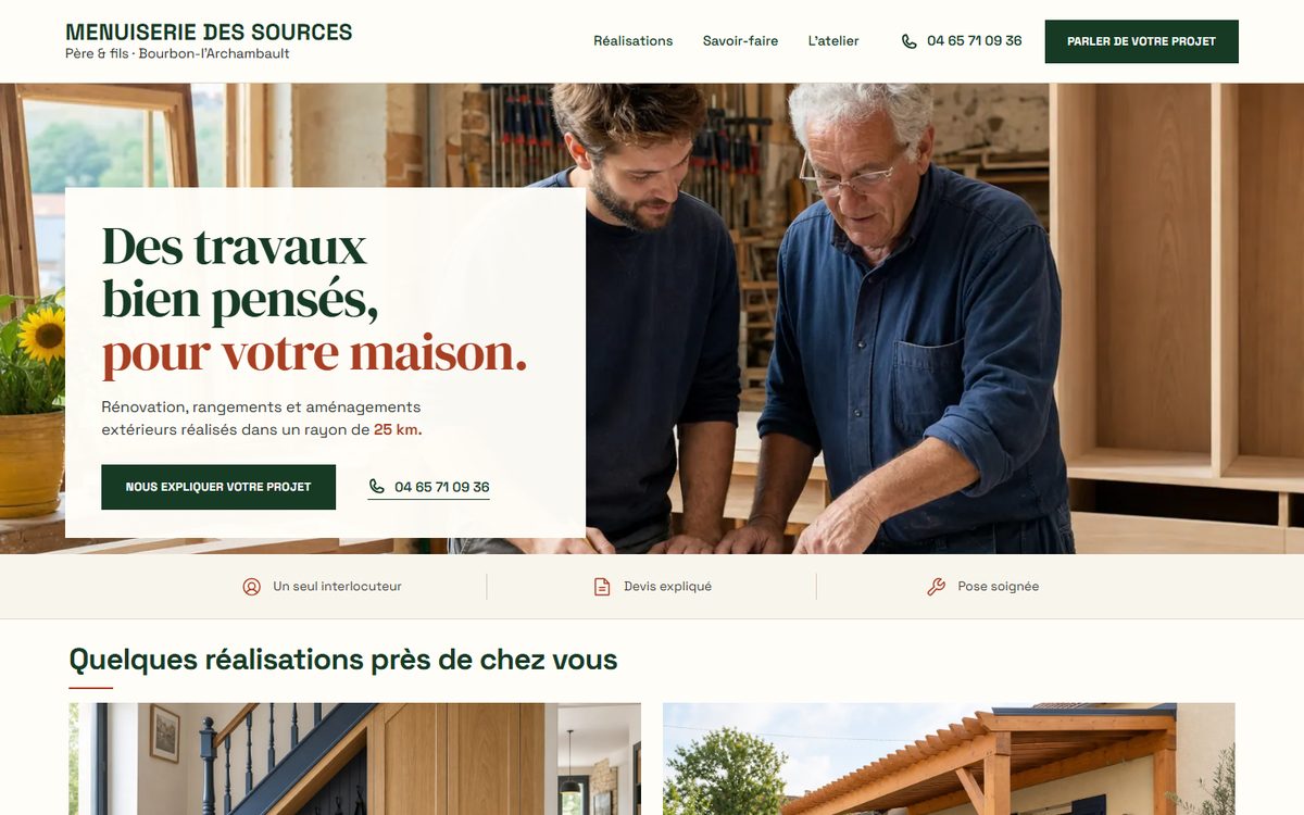 Aperçu d’un exemple de site : père et fils, les travaux du quotidien dès le premier écran