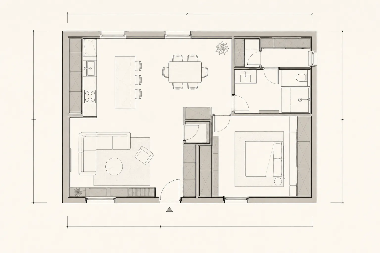 Plan d’un appartement de 85 mètres carrés avec agencements intégrés