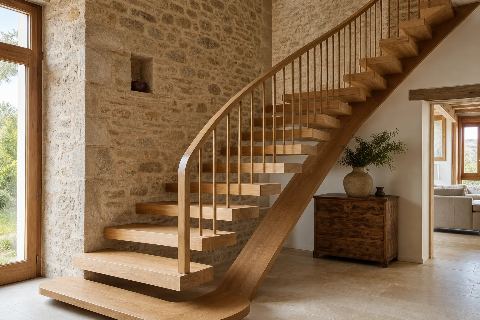Escalier en chêne sur mesure dans une maison en pierre
