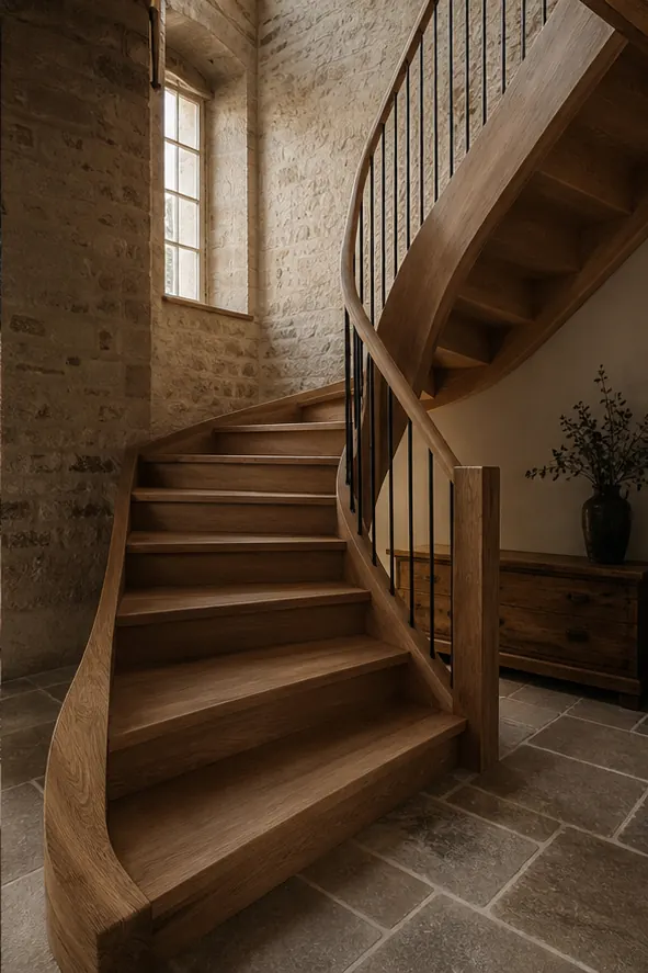 Escalier en chêne installé dans une maison ancienne en pierre