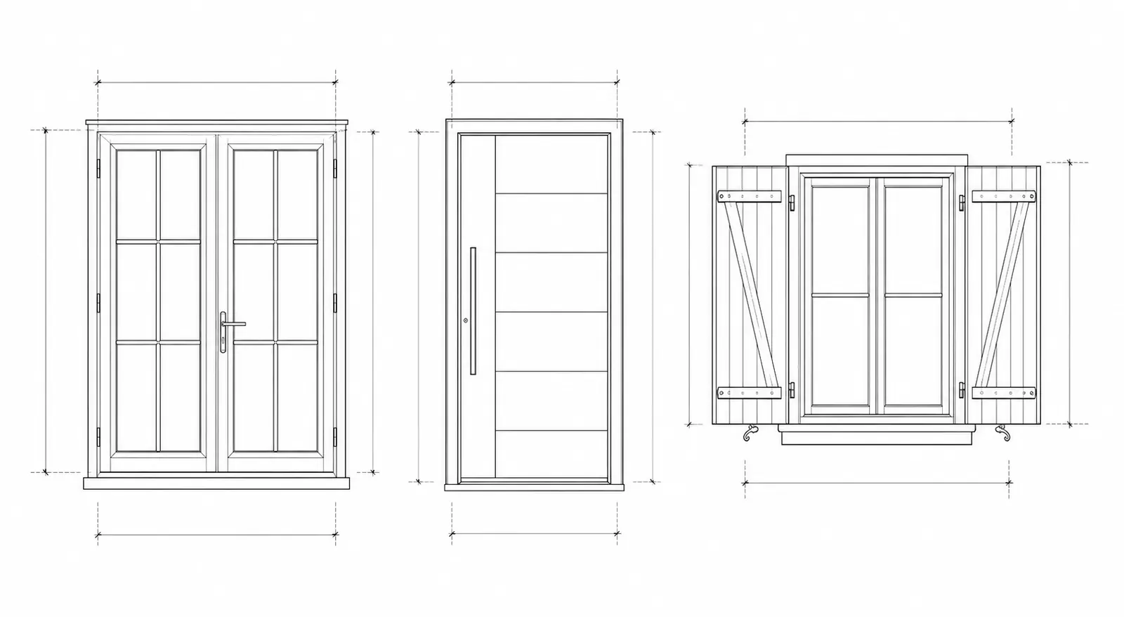 Élévations techniques d’une fenêtre à deux vantaux, d’une porte d’entrée et d’une fenêtre avec volets battants