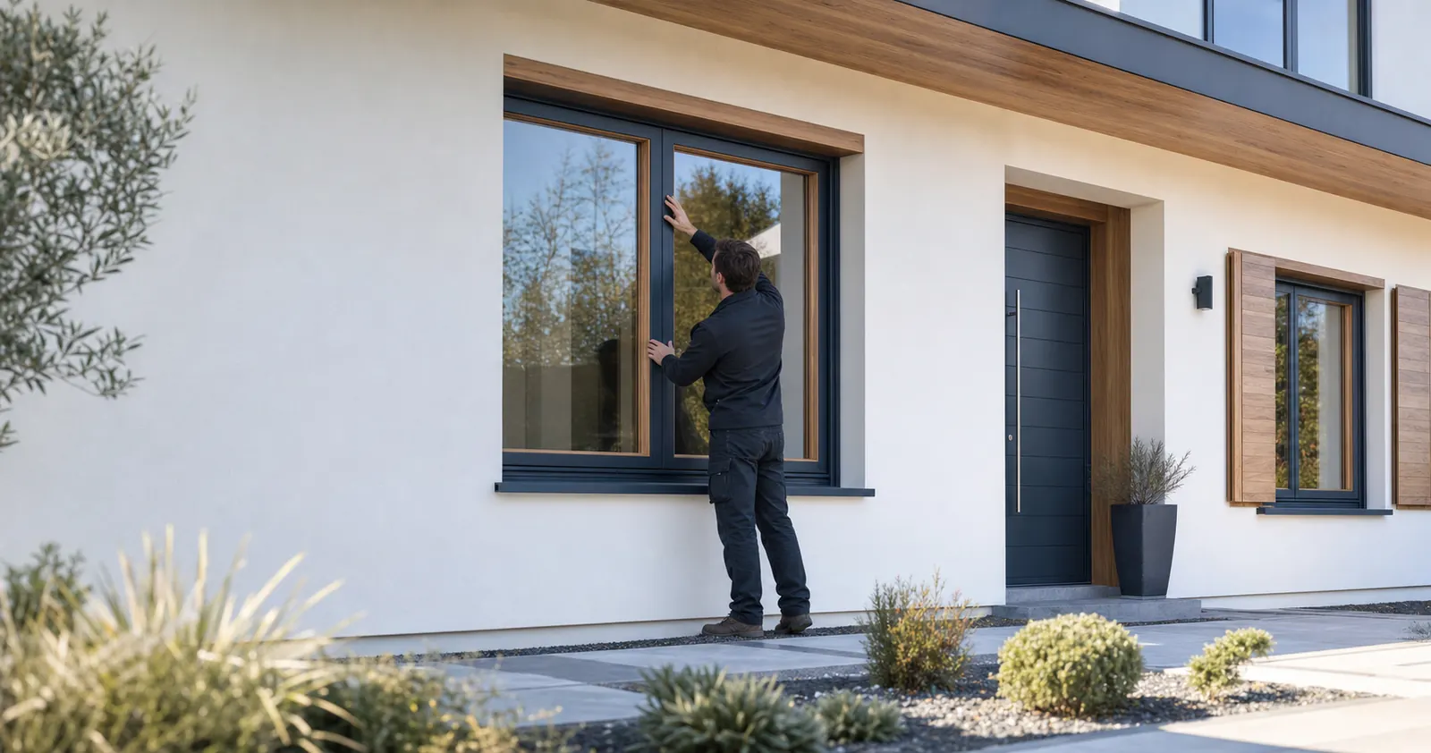 Pose d’une fenêtre bois aluminium sur une maison contemporaine