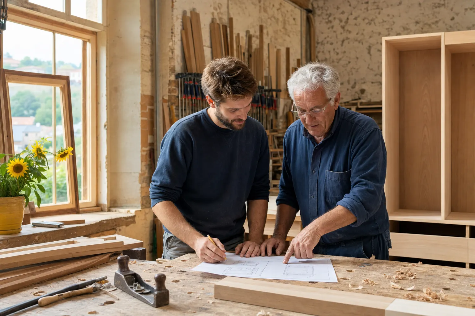 Deux menuisiers, père et fils, préparant ensemble un projet à l’atelier