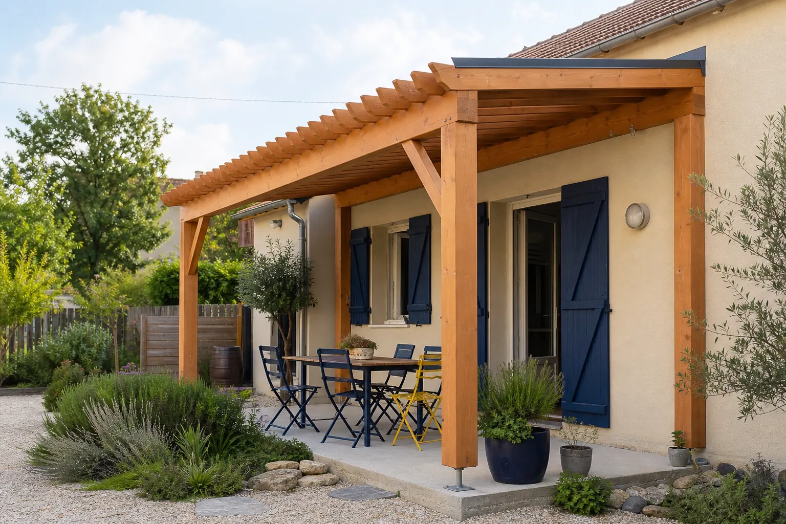 Pergola en bois construite contre une maison familiale en pierre