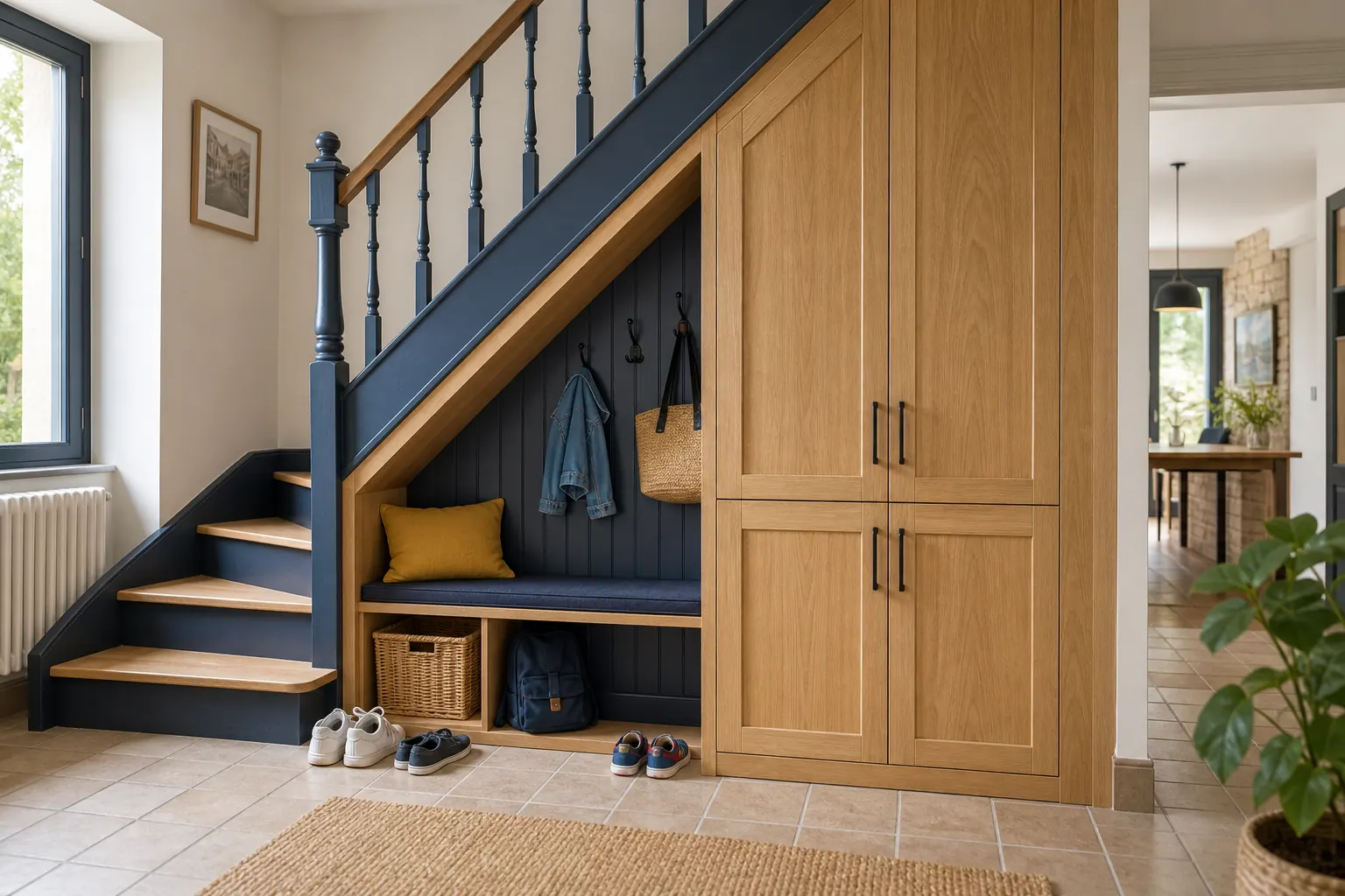 Rangement en chêne construit sous un escalier bleu dans une entrée familiale