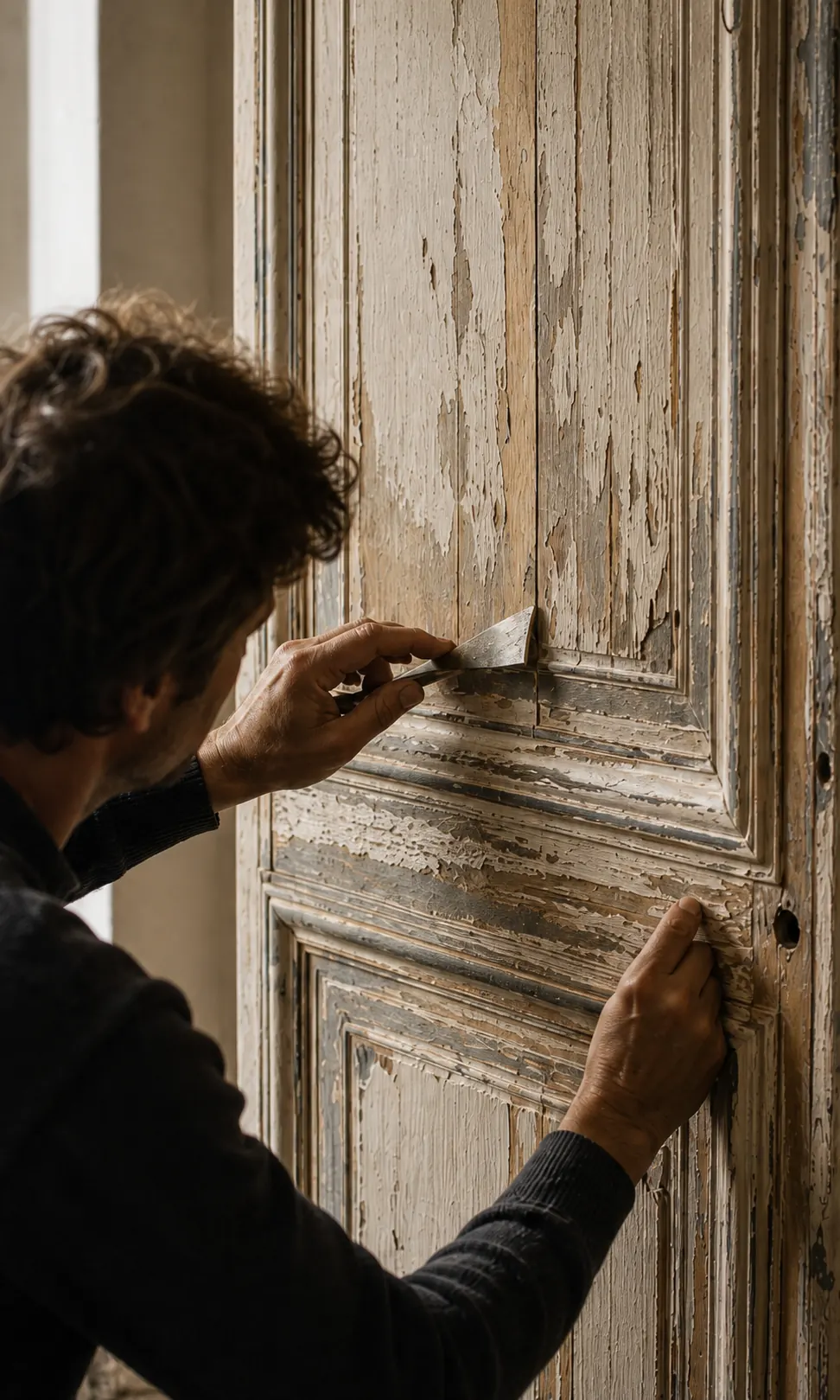 Artisan restaurant une porte ancienne en conservant ses couches de peinture