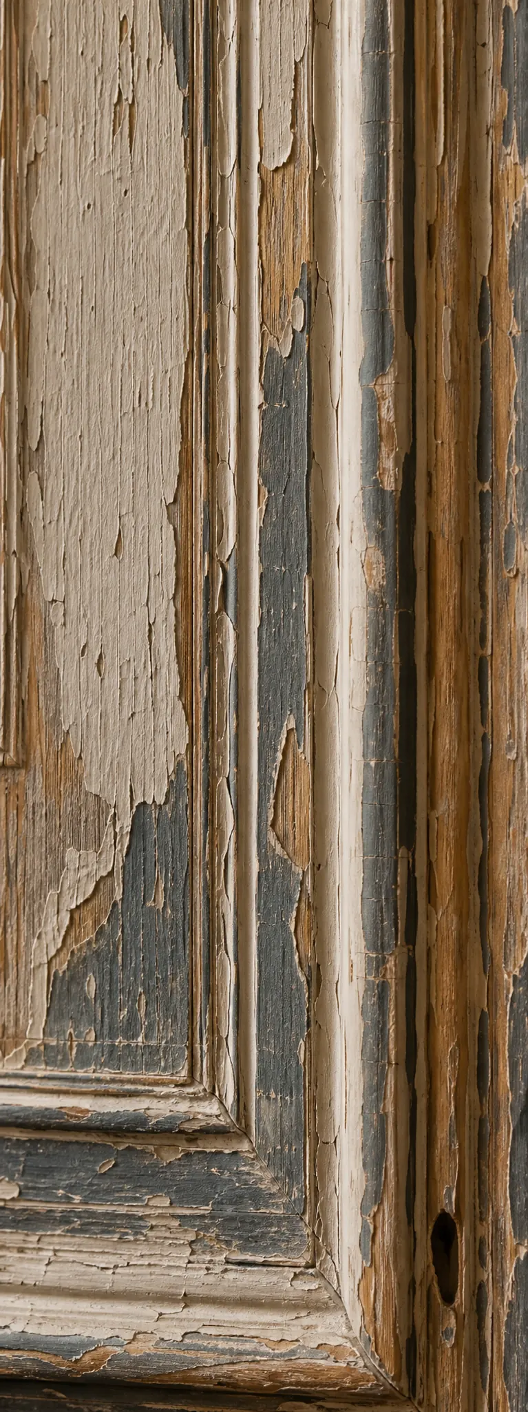Strates de peintures anciennes laissant apparaître les veines du bois