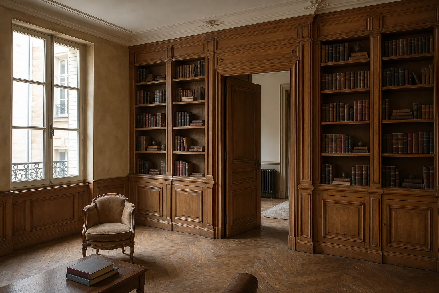 Boiseries anciennes restaurées autour d’une bibliothèque et d’une porte en chêne