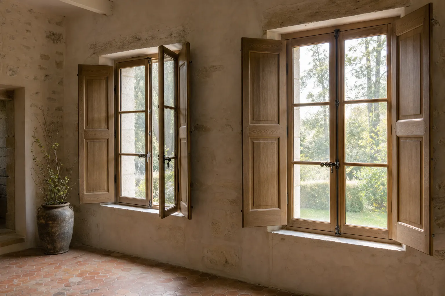 Fenêtres à battants et volets intérieurs en chêne restaurés dans une maison ancienne